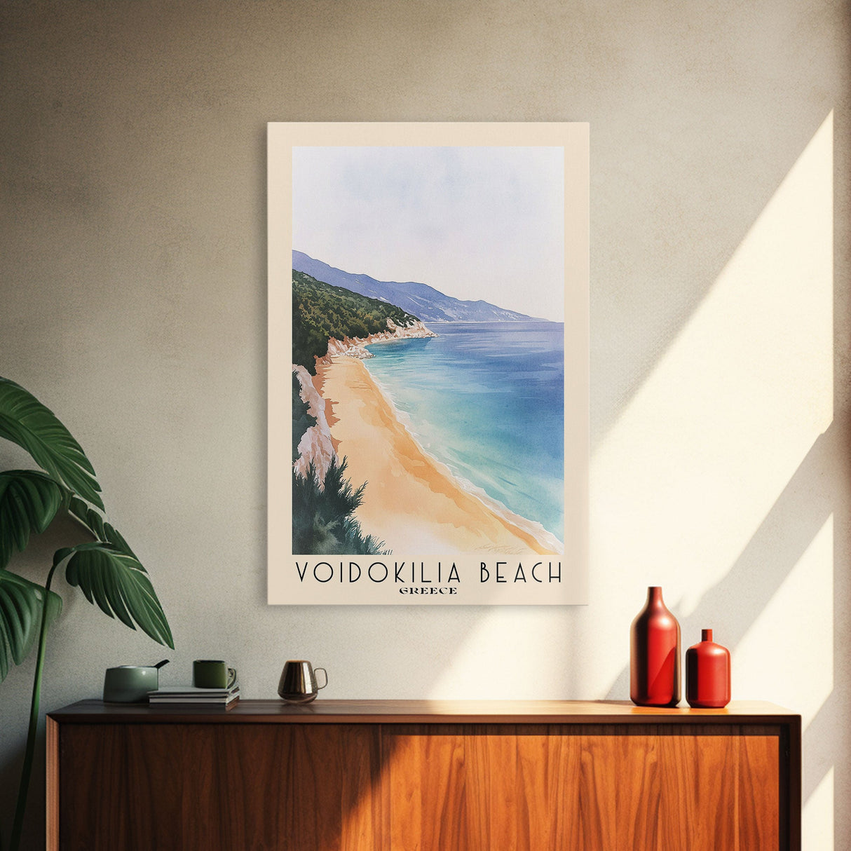 Voidokilia Beach, Greece Watercolor Beach Print, Vacation Gift, Greece Wall Art, Framed Canvas Print, Framed Beach Painting