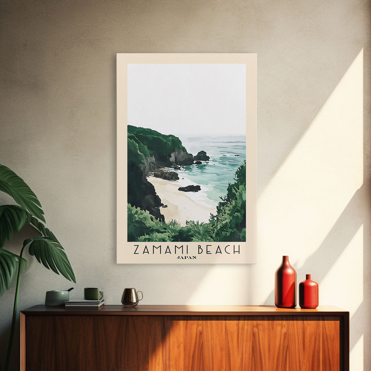 Zamami Beach, Japan Watercolor Beach Print, Vacation Gift, Japan Wall Art, Framed Canvas Print, Framed Beach Painting