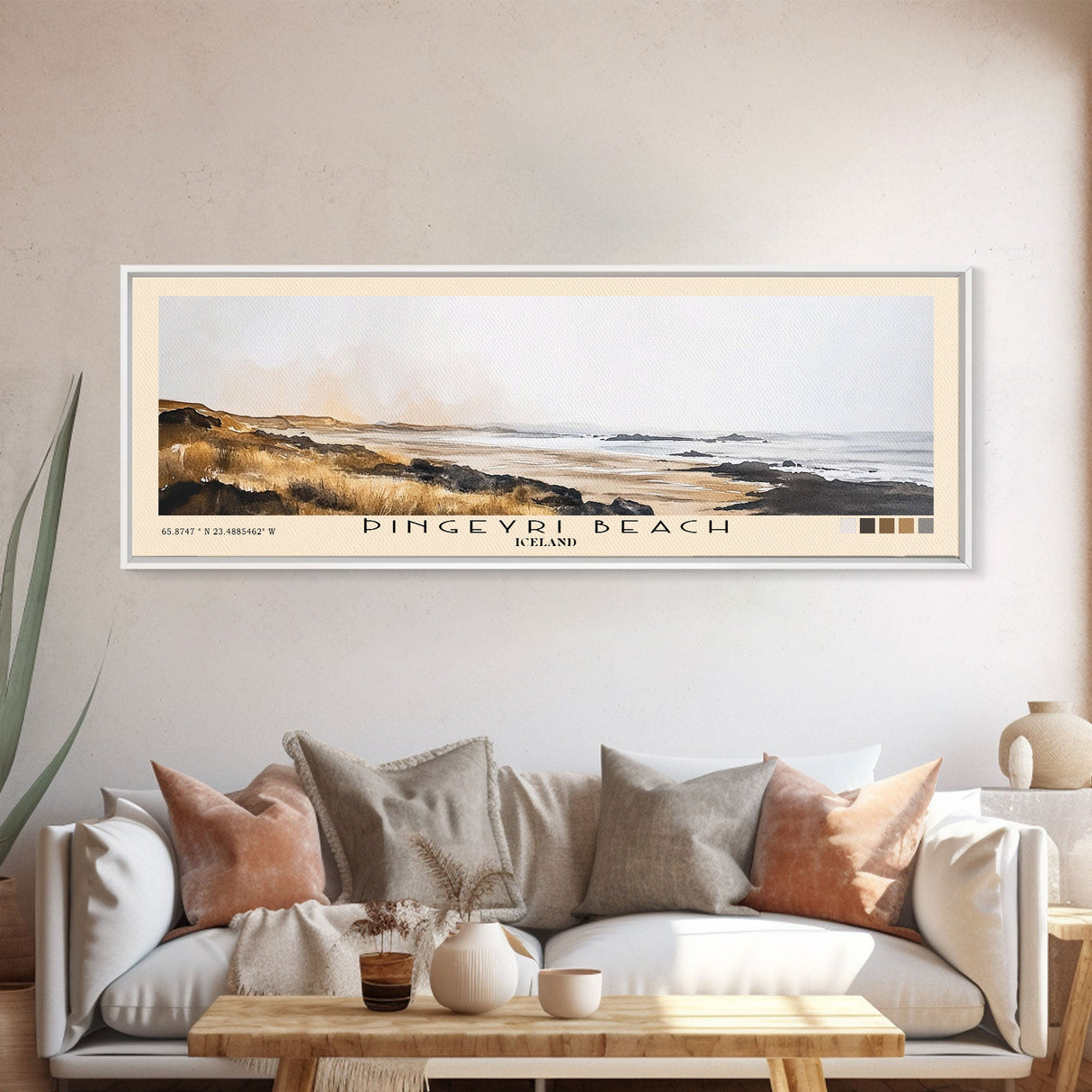 Þingeyri Beach, Iceland Watercolor Beach Print, Vacation Gift, Iceland Wall Art, Framed Canvas Print, Framed Beach Painting