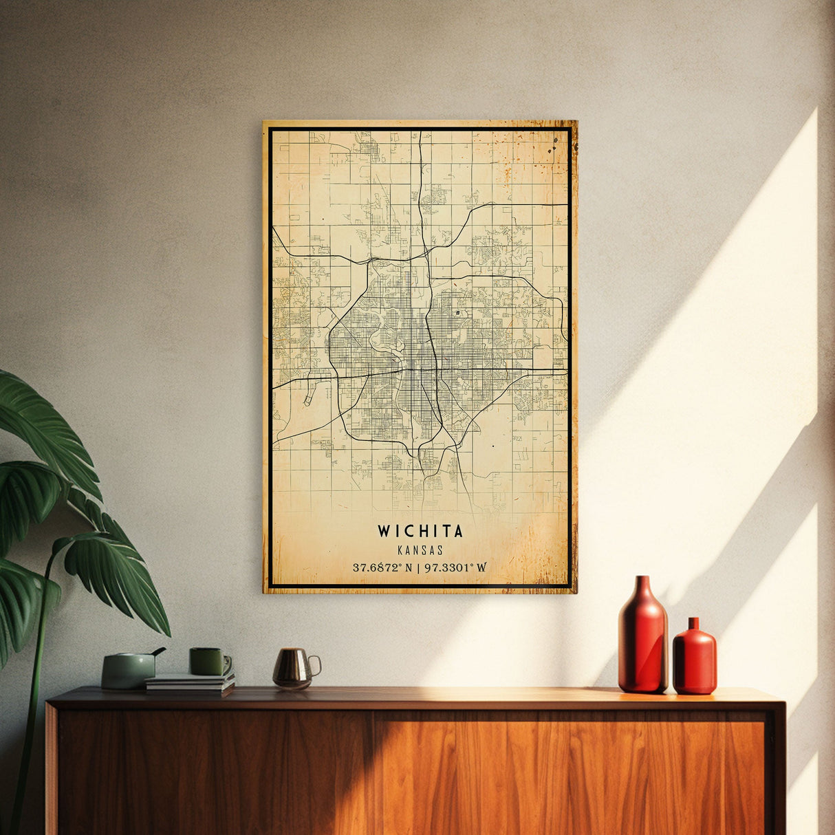 Vintage Wichita Kansas map print poster or framed canvas, Wichita map print poster canvas, Wichita city map print poster canvas, Travel Art