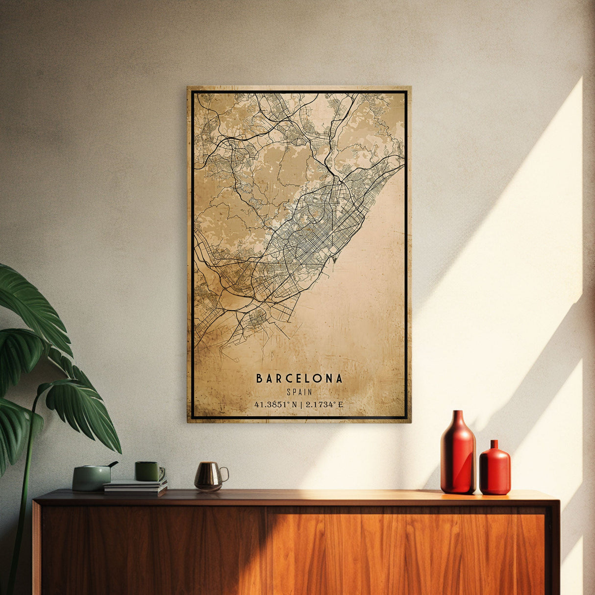 Barcelona Spain map print poster or framed canvas, Barcelona map print poster canvas, Spain city map print poster canvas, Vintage Travel Art