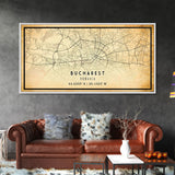 Panoramic Vintage Style Bucharest City Map Wall Art Canvas Print, Distressed Bucharest Map, Framed Art, Cool Travel Wall Art, Office Art