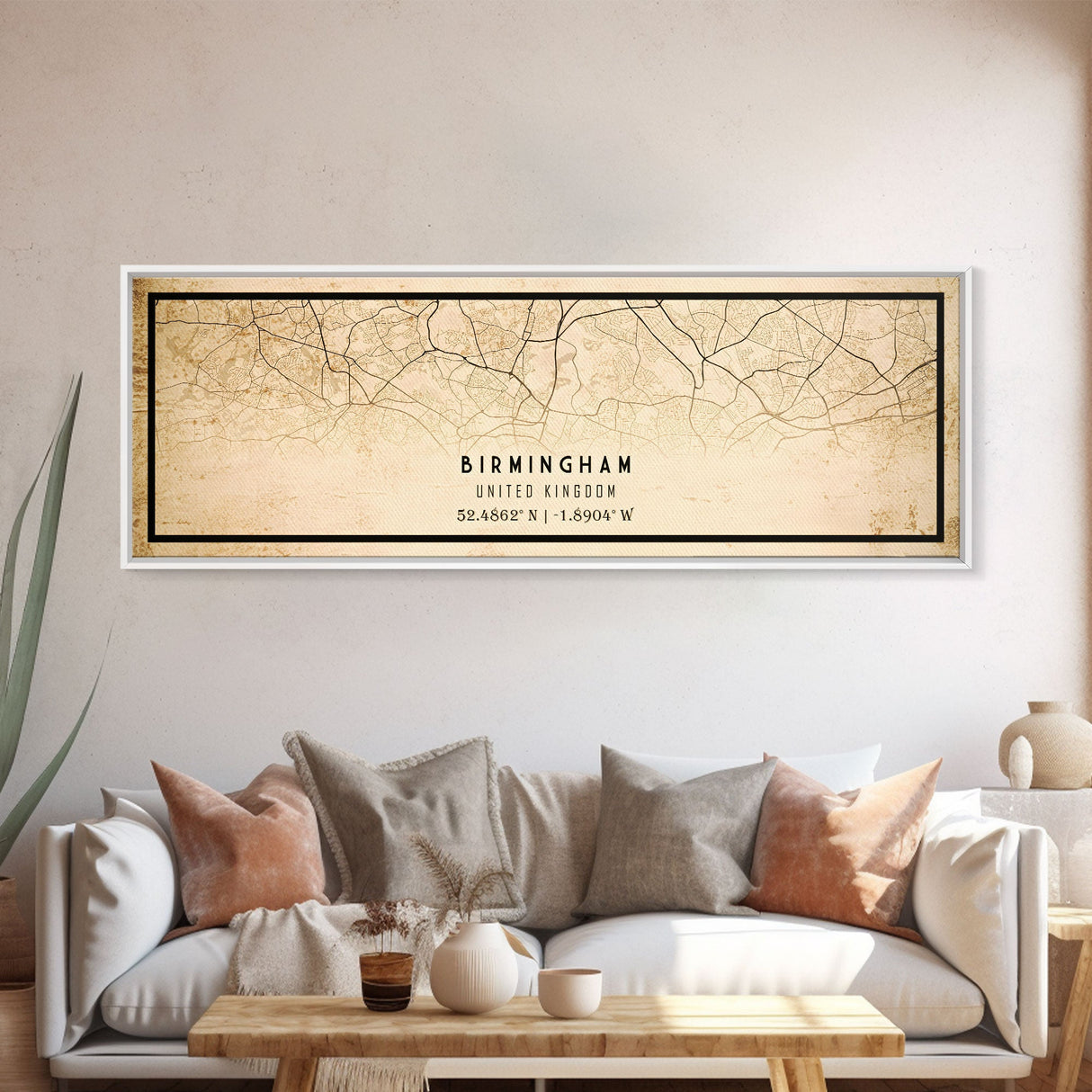 Panoramic Birmingham UK map print poster or framed canvas, map print poster canvas, UK city map print poster canvas, Vintage Travel Art