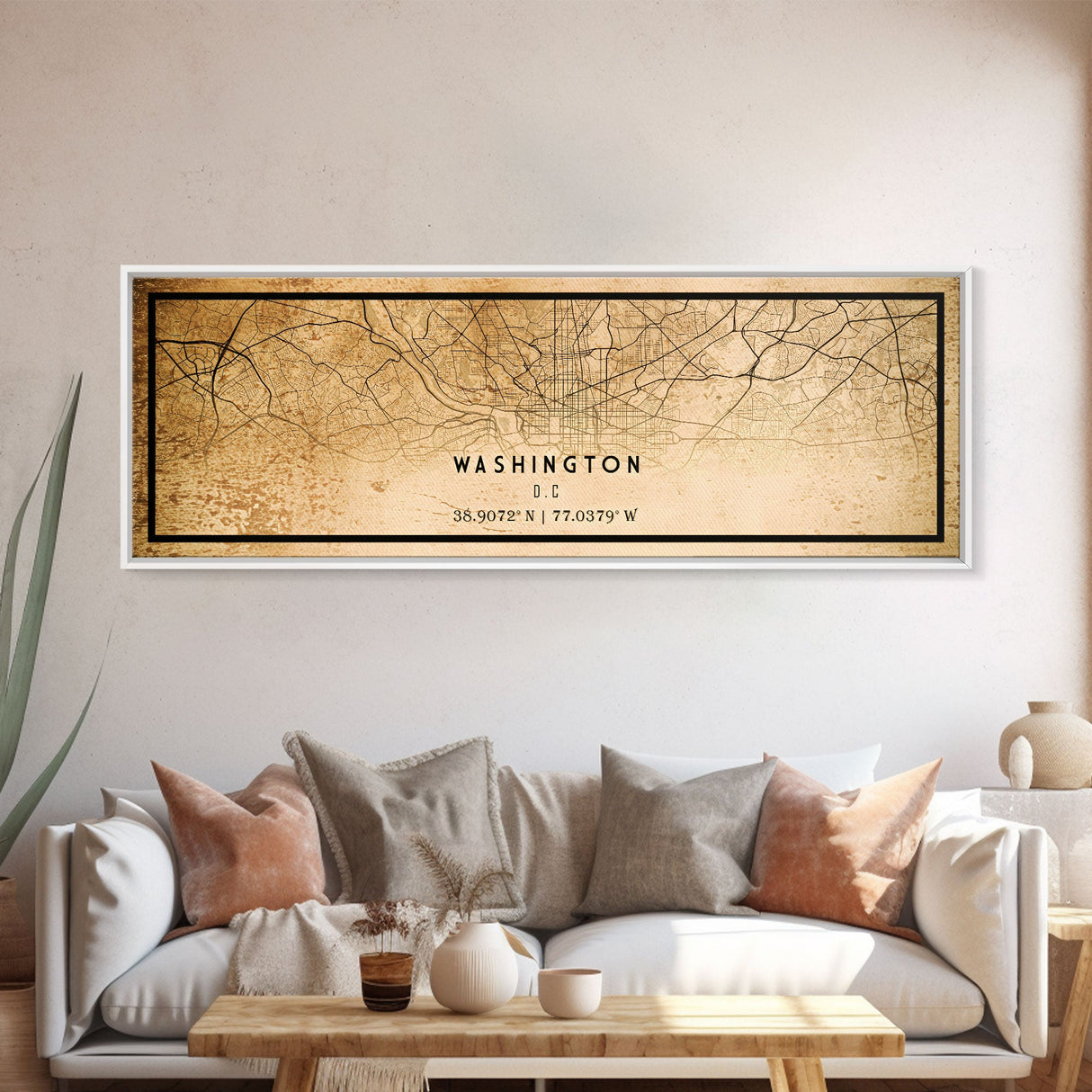 Panoramic Vintage Washington map print poster or framed canvas | Washington dc city map print poster canvas | Washington DC Canvas Art