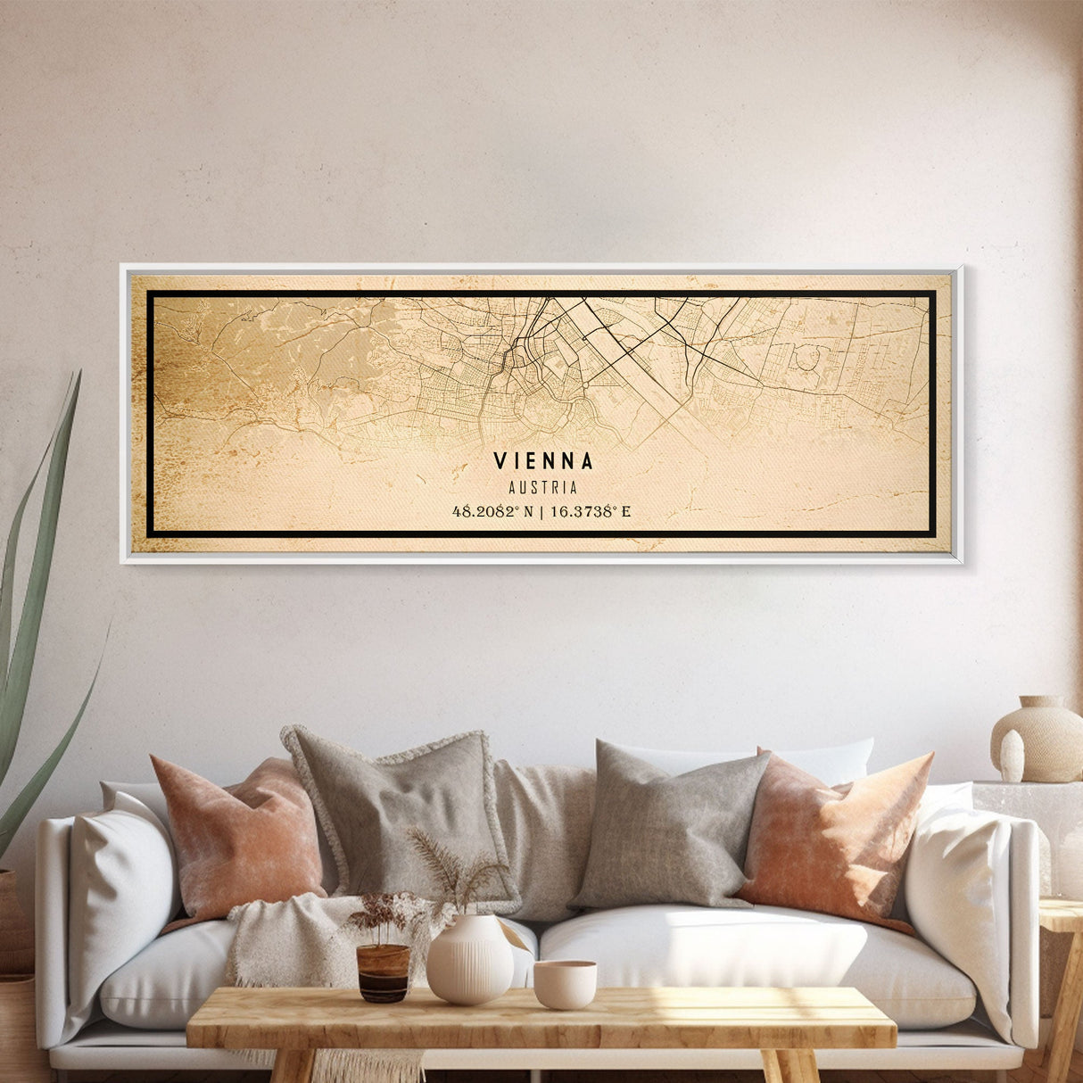 Vintage Panoramic Vienna City Map Wall Art Canvas Print, Distressed Style Austria Map, Framed Wall Art, Cool Travel Wall Art, Office Art