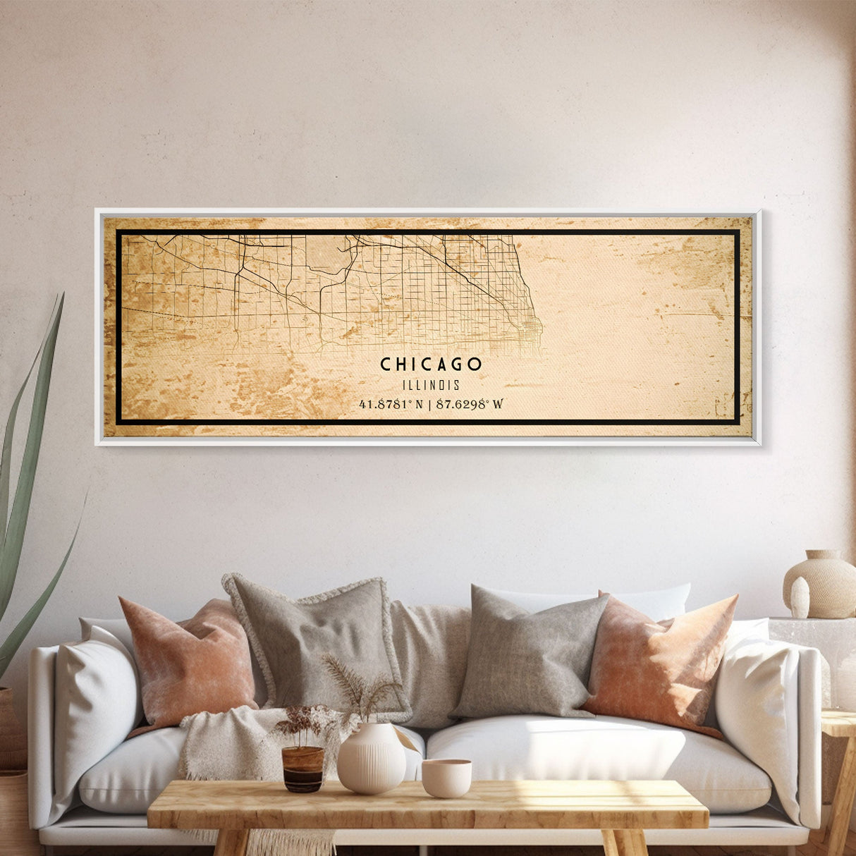 Distressed Panoramic Chicago map print poster or framed canvas, Illinois road map print poster canvas, Chicago city map print poster canvas