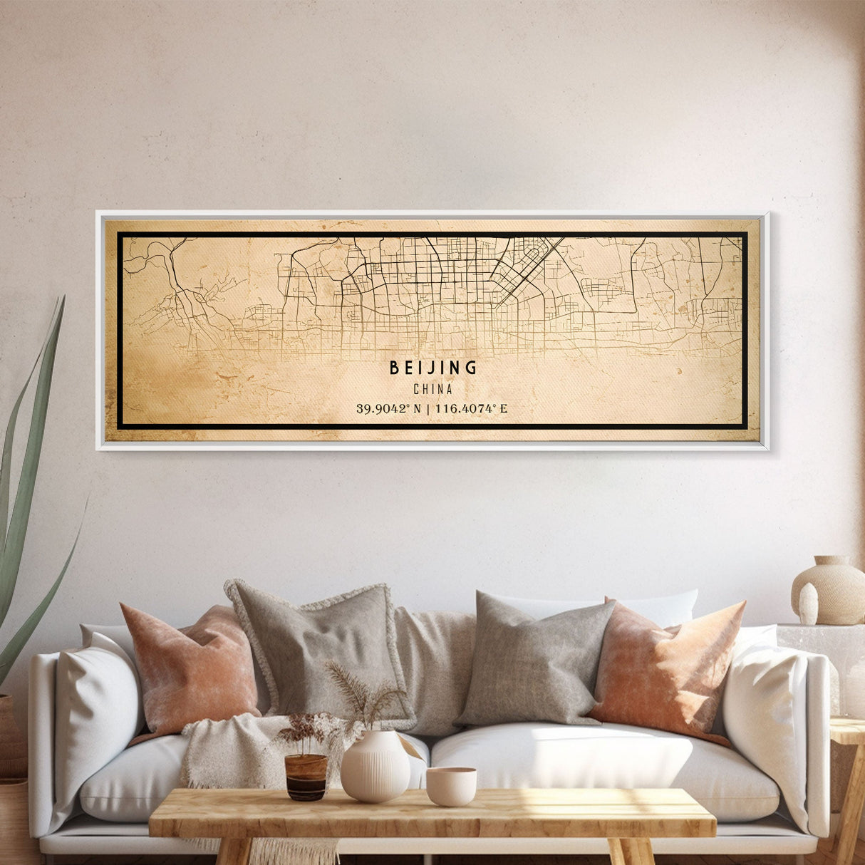 Panoramic Beijing China map print poster or framed canvas, Beijing map print poster canvas, city map print poster canvas, Vintage Travel Art