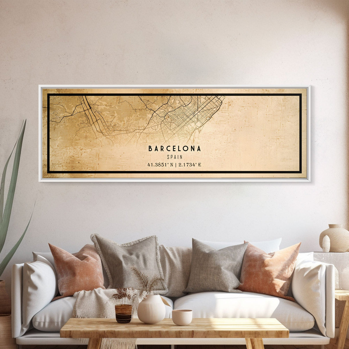 Panoramic Barcelona Spain map print poster or framed canvas, map print poster canvas, Spain city map print poster canvas, Vintage Travel Art