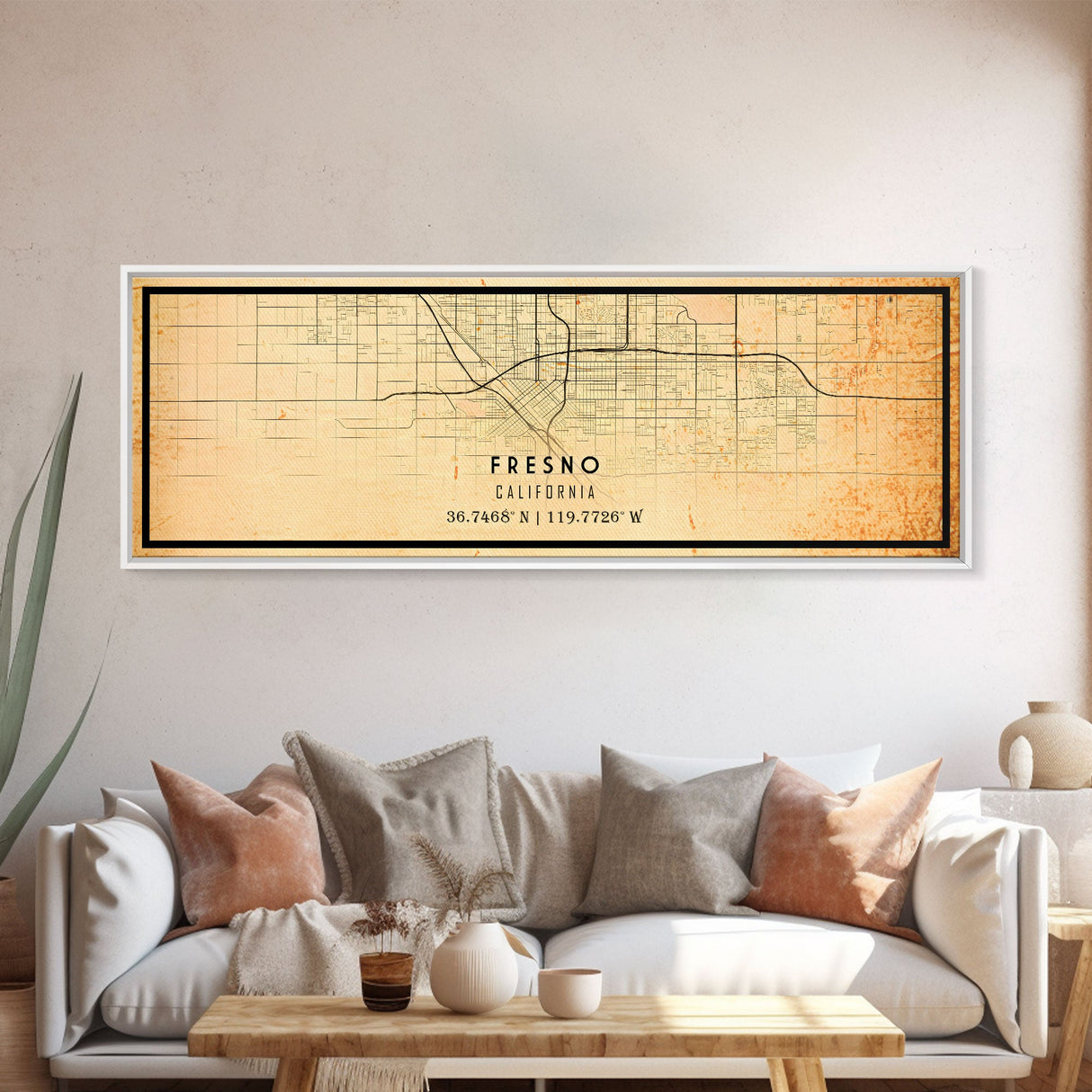 Panoramic Distressed Fresno California Map, Framed Canvas Print Or Poster, California Map Print, City Wall Art Map Print, Rustic Map Art