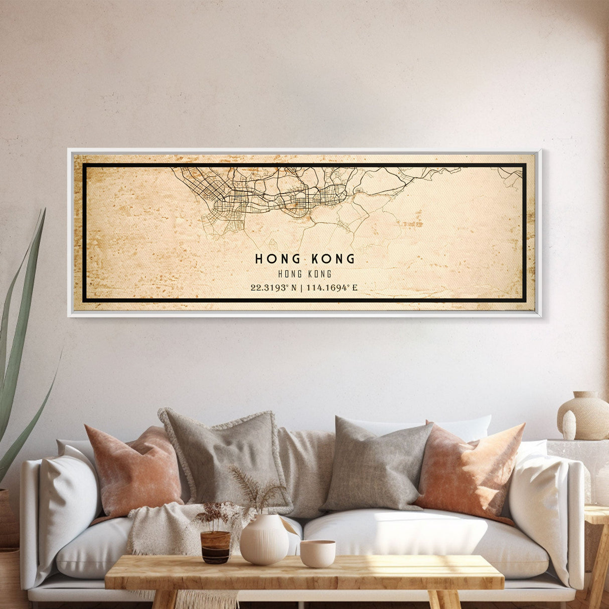 Vintage Panoramic Hong Kong City Map Wall Art Canvas Print, Distressed Hong Kong Map, Framed Wall Art, Cool Travel Wall Art, Office Art