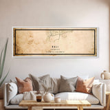 Vintage Panoramic Bali Indonesia City Map Wall Art Canvas Print, Distressed Style Map, Framed Wall Art, Cool Travel Wall Art, Office Art