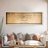 Panoramic Houston Vintage Map Print, Framed Canvas, Houston Map, Texas Map Art, Houston City Road Map Poster, Vintage Map