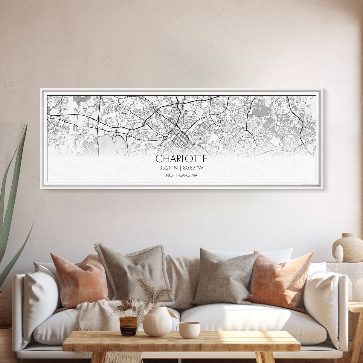 Panoramic Charlotte City Map, North Carolina Art, Map Print, Minimalist Wall Art, Canvas Art, Housewarming Gift, Street Map, Closing Gift