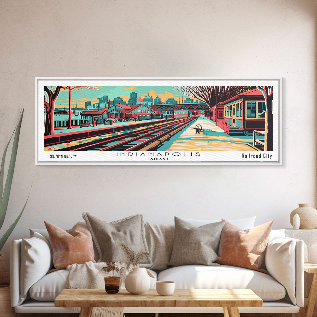 Indianapolis Indiana Panoramic Travel Poster Framed Canvas Print, Mid Century Modern Art, Pop Art Style, Wall Decor, Office Art, Living Room Art