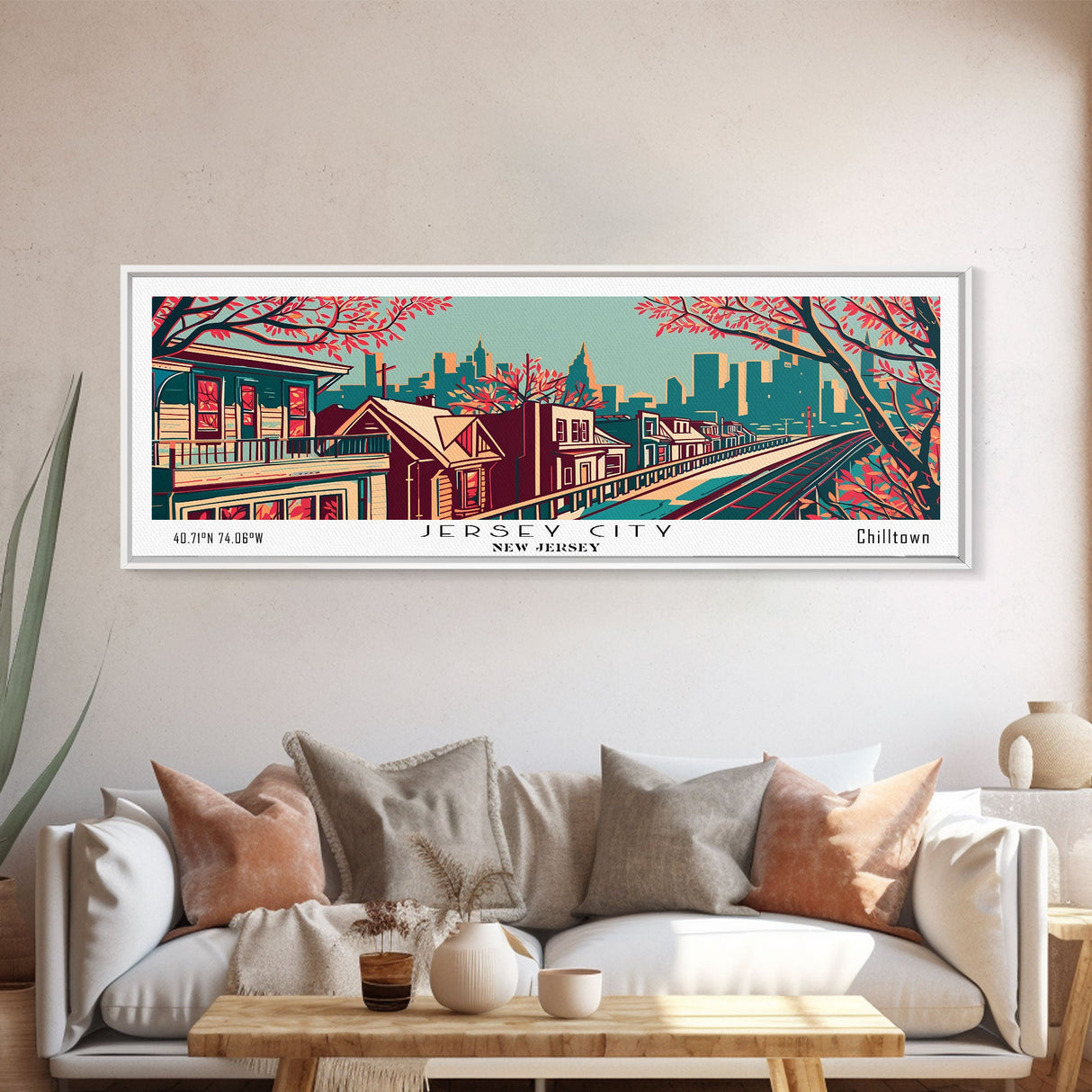 Jersey City New Jersey Panoramic Framed Canvas Print, Travel Poster, Mid Century Modern Art, Pop Art Style, Wall Decor, Office Art, Home Decor, Living Room Art