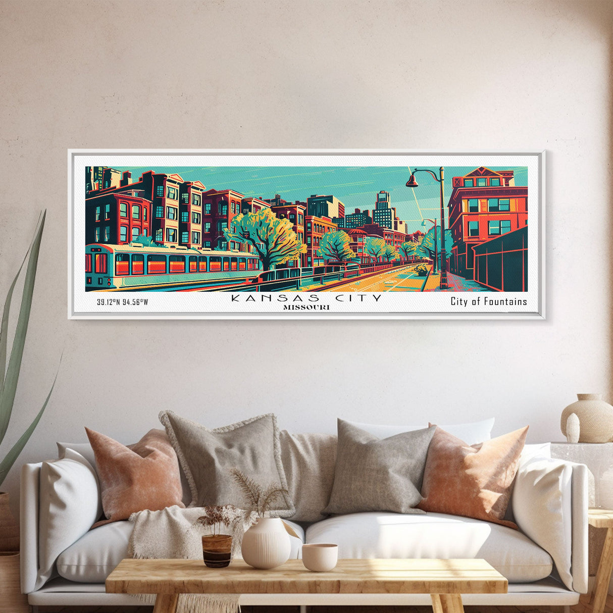 Kansas City Missouri Panoramic Travel Poster Framed Canvas Print, Mid Century Modern Art, Pop Art Style, Wall Art, Wall Decor, Home Decor, Retro Style Art