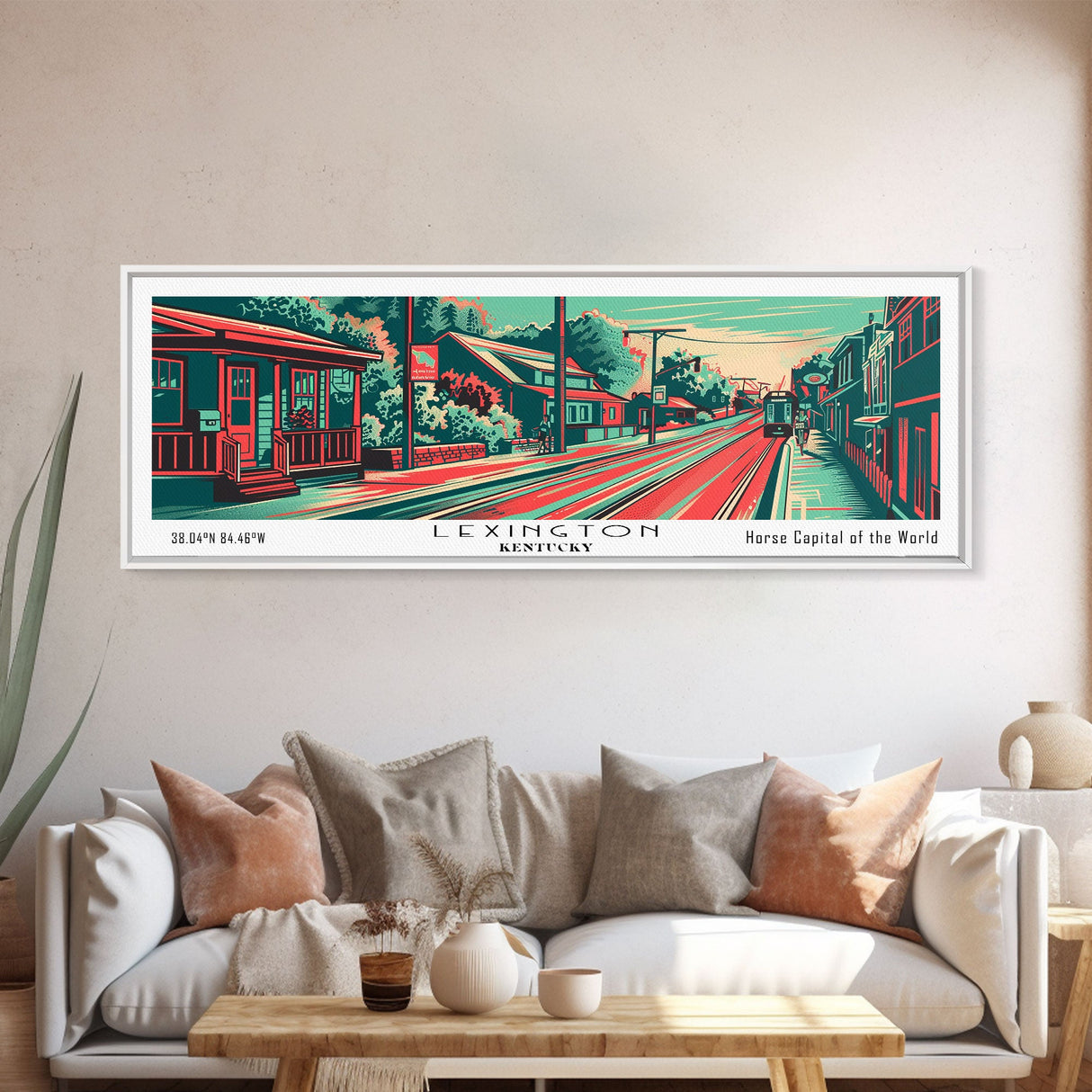 Lexington Kentucky Panoramic Painting Framed Canvas Print, Travel Poster, Mid Century Modern Art, Pop Art Style, Wall Decor, Office Art