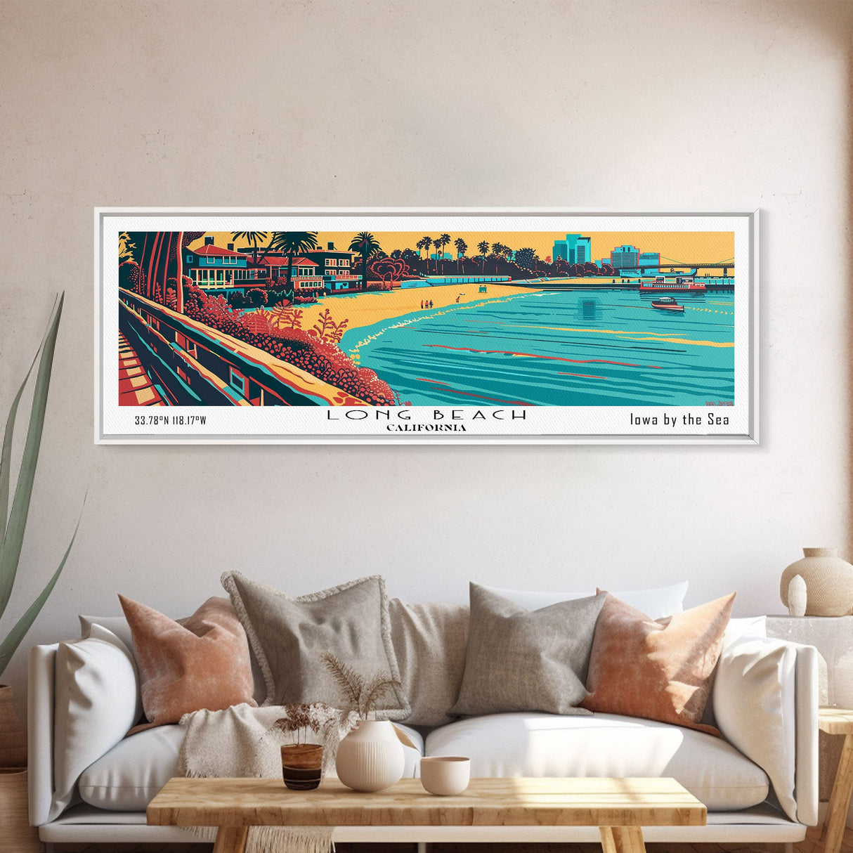 Long Beach California Panoramic Travel Poster Framed Canvas Print, Mid Century Modern Art, Pop Art Style, Wall Art, Home Decor, Wall Hanging