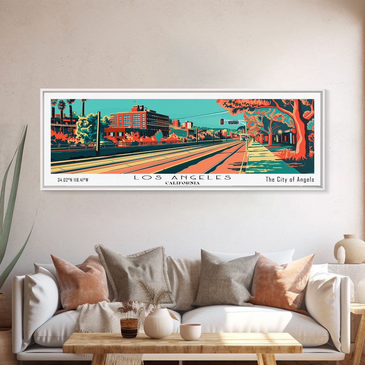 Los Angeles California Panoramic Wall Art Framed Canvas Print, Travel Poster, Mid Century Modern Art, Pop Art Style, Home Decor, Living Room Art