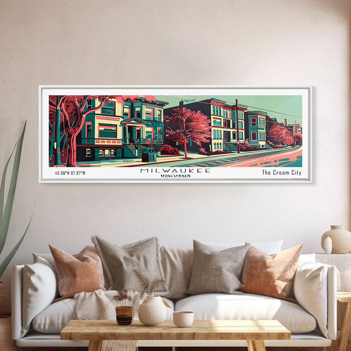 Milwaukee Wisconsin Panoramic Travel Poster Framed Canvas Print, Mid Century Modern Art, Pop Art Style, Wall Art, Living Room Decor, Home Decor