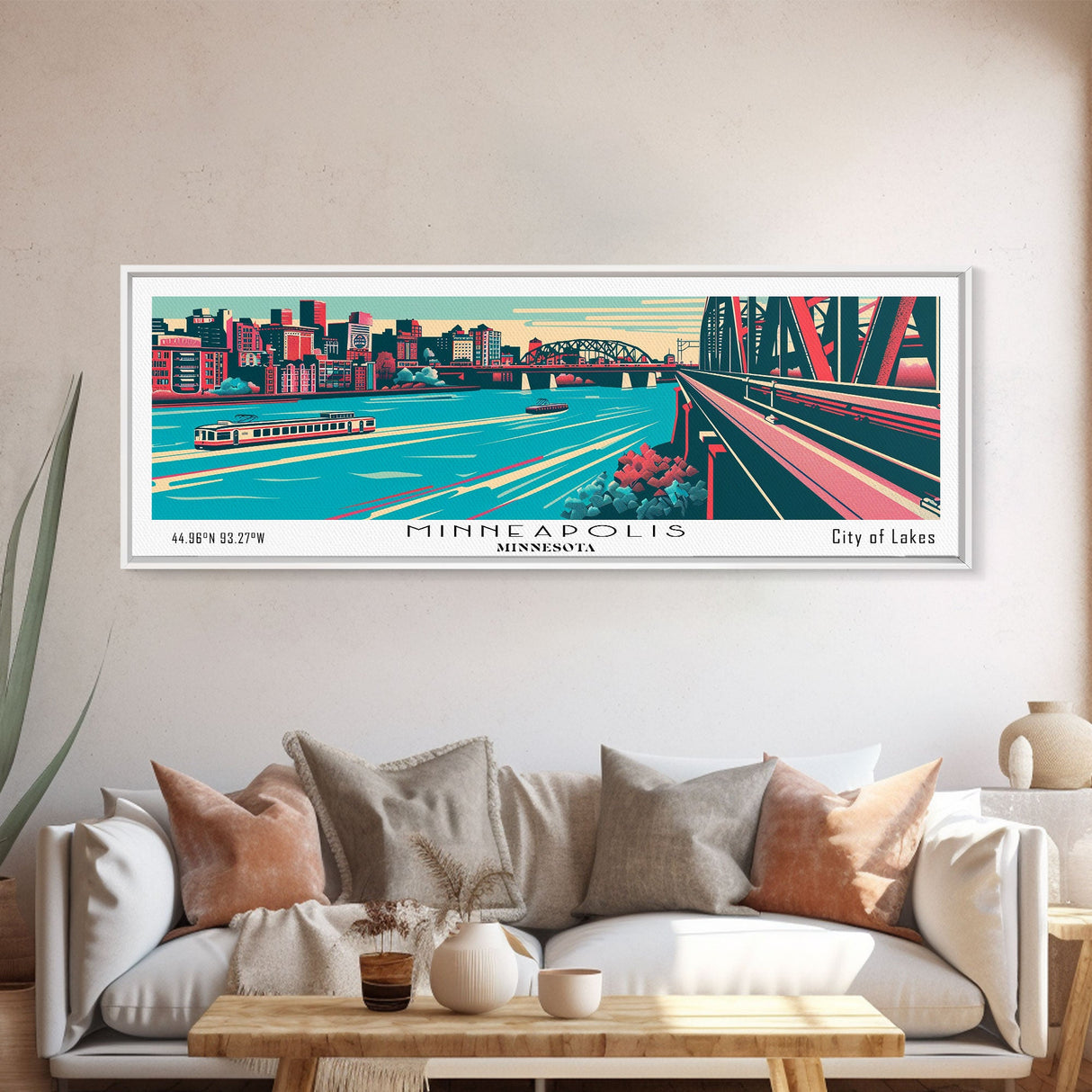 Minneapolis Minnesota Panoramic Wall Art Framed Canvas Print, Travel Poster, Mid Century Modern Art, Pop Art Style, Home Decor, Office Art