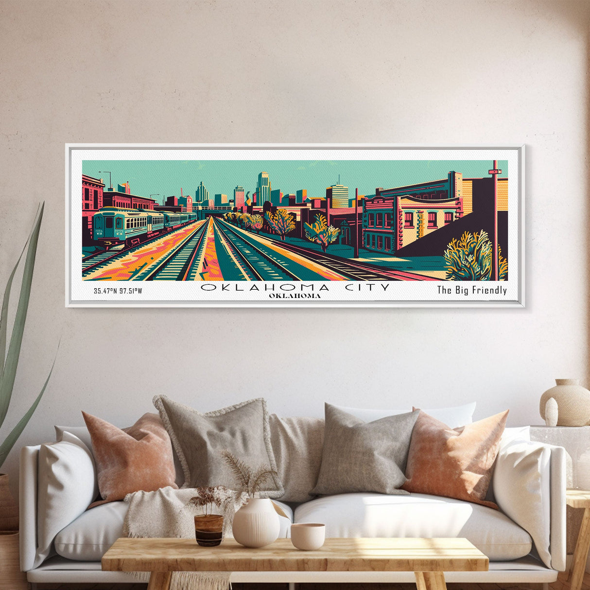 Oklahoma City Oklahoma Panoramic Wall Art Framed Canvas Print, Travel Poster, Mid Century Modern Art, Pop Art Style, Wall Decor, Office Art