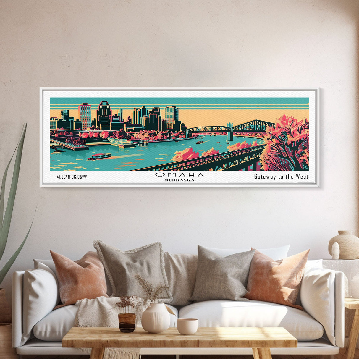 Omaha Nebraska Panoramic Painting Framed Canvas Print, Travel Poster, Mid Century Modern Art, Pop Art Style, Wall Art, Home Decor