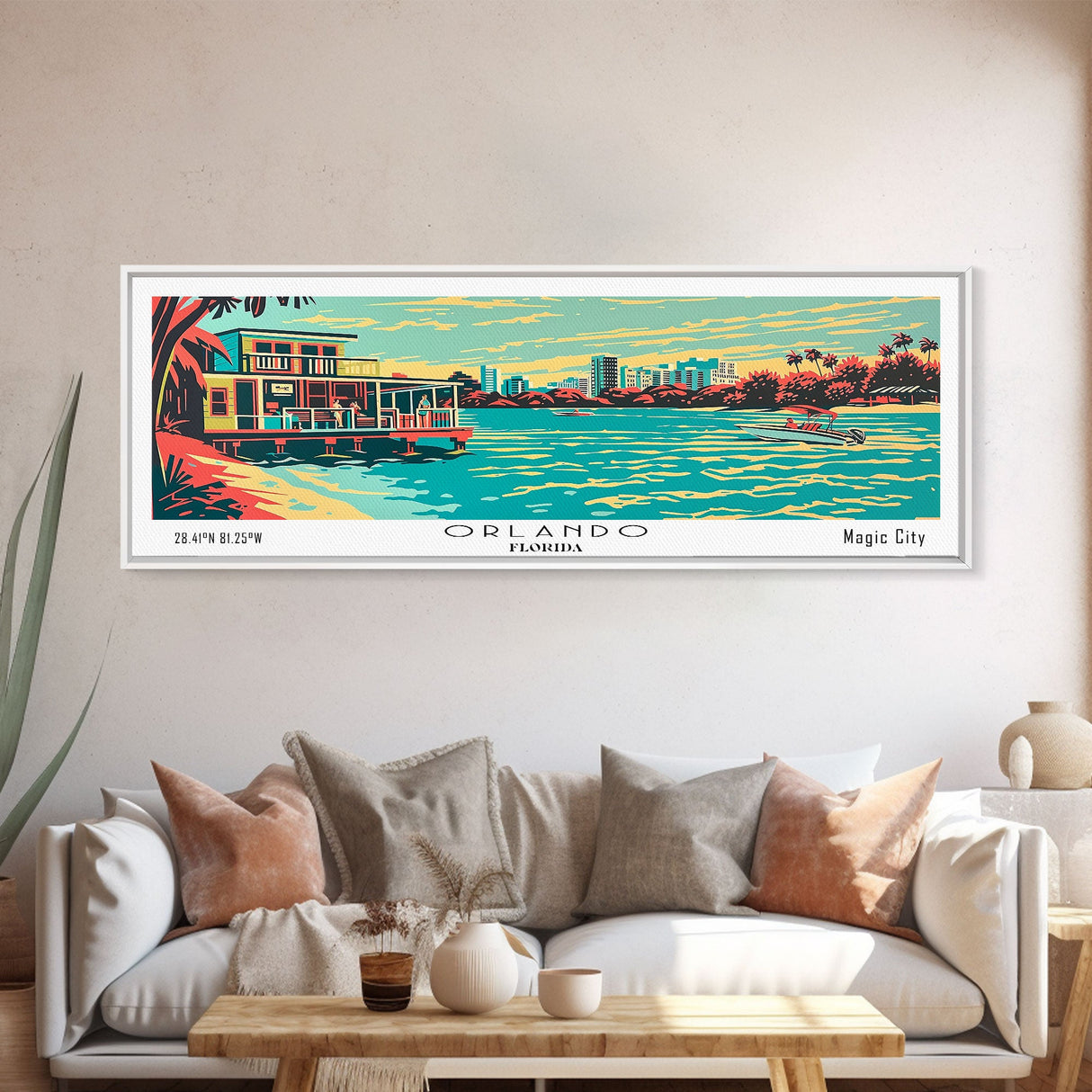 Orlando Florida Panoramic Painting Framed Canvas Print, Travel Poster, Mid Century Modern Art, Pop Art Style, Wall Decor, Office Art