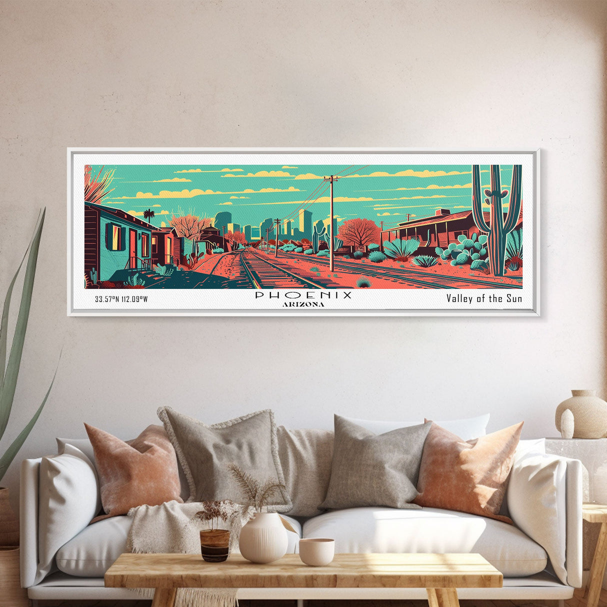 Phoenix Arizona Panoramic Wall Art Framed Canvas Print, Travel Poster, Mid Century Modern Art, Pop Art Style, Home Decor, Living Room Art