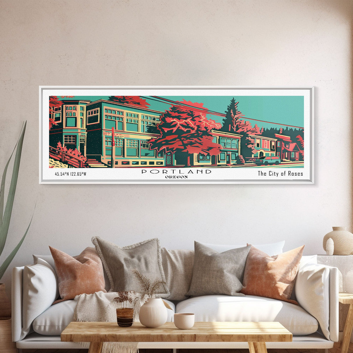 Portland Oregon Panoramic Travel Poster Framed Canvas Print, Mid Century Modern Art, Pop Art Style, Wall Art, Home Decor, Office Wall Art