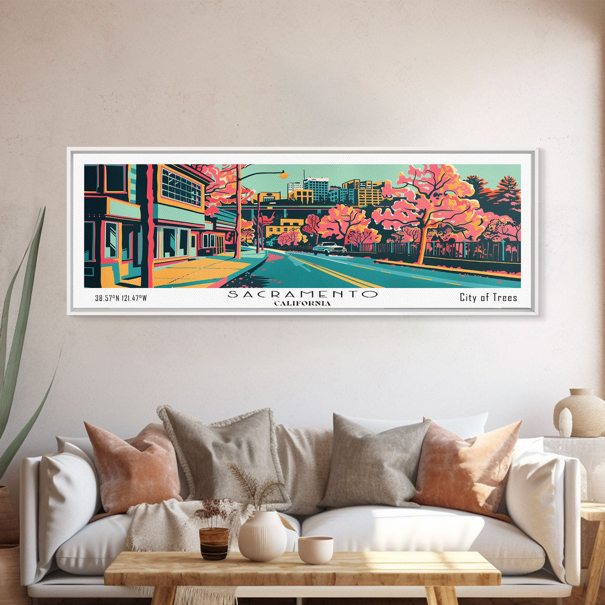 Sacramento California Panoramic Painting Framed Canvas Print, Travel Poster, Mid Century Modern Art, Pop Art Style, Wall Decor, Office Wall Art