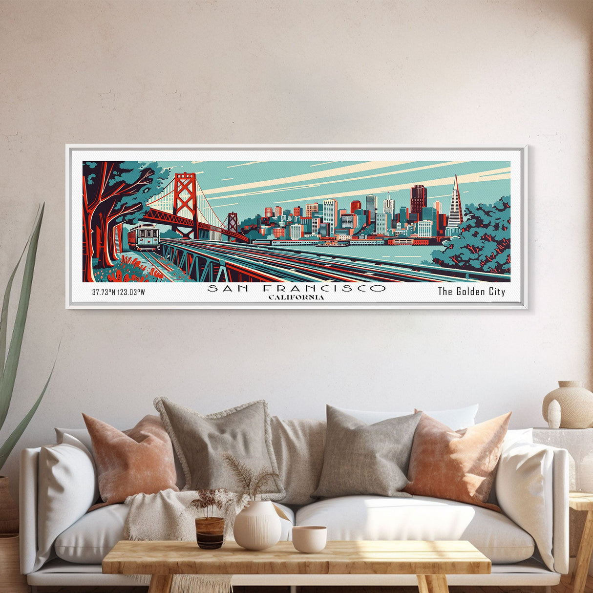 San Francisco California Panoramic Travel Poster Framed Canvas Print, Mid Century Modern Art, Pop Art Style, Wall Art, Home Decor, Retro Style Art