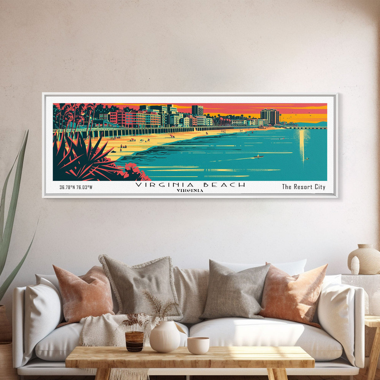 Virginia Beach Virginia Panoramic Travel Poster Framed Canvas Print, Mid Century Modern Art, Pop Art Style, Wall Art, Home Decor, Retro Style Art