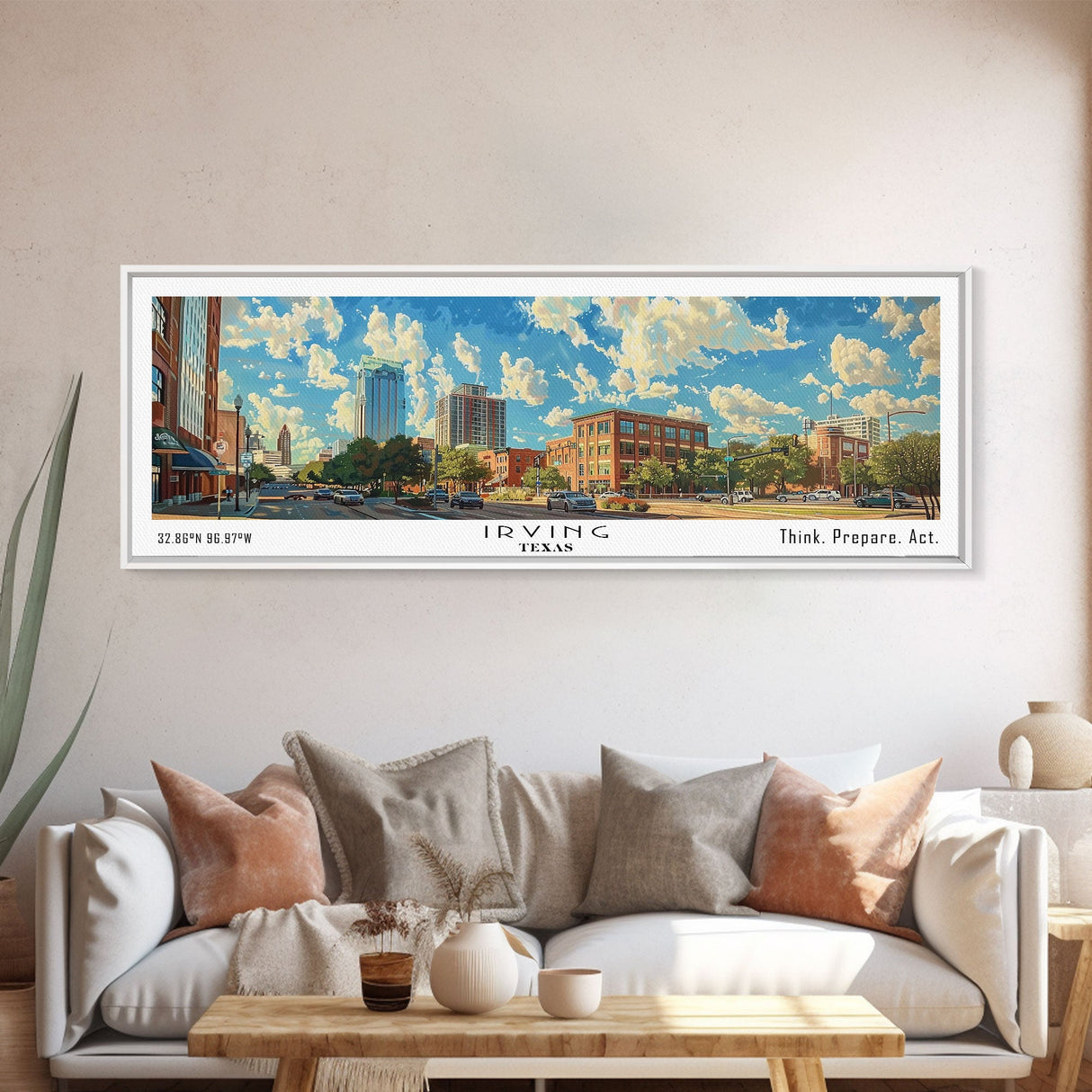 Irving Texas Panoramic Wall Art, Watercolor Framed Canvas Print, Urban Cityscape for Living Room, Travel Poster, Home Decoration