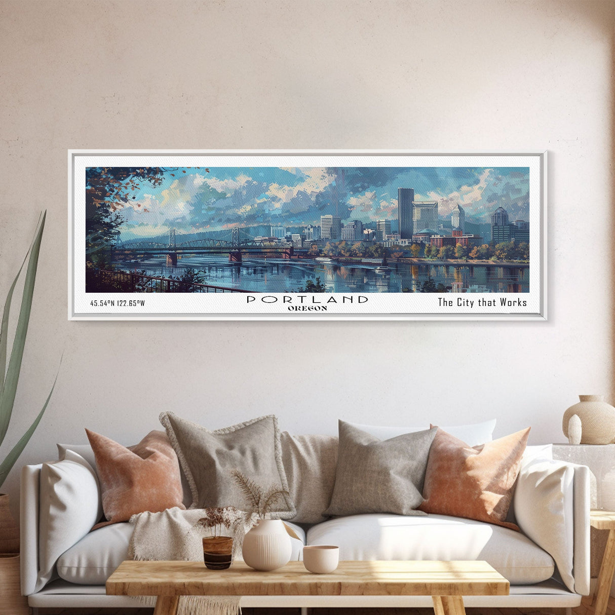 Portland Oregon Panoramic Print, Unique Framed Canvas Print, Travel Poster Art, Wall Hanging, Living Room Decor, Artistic Gift