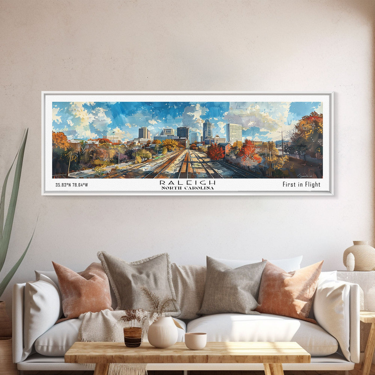 Raleigh North Carolina Panoramic Print, Beautiful Framed Canvas Print, Travel Poster Art, Living Room Decor, Office Wall Art