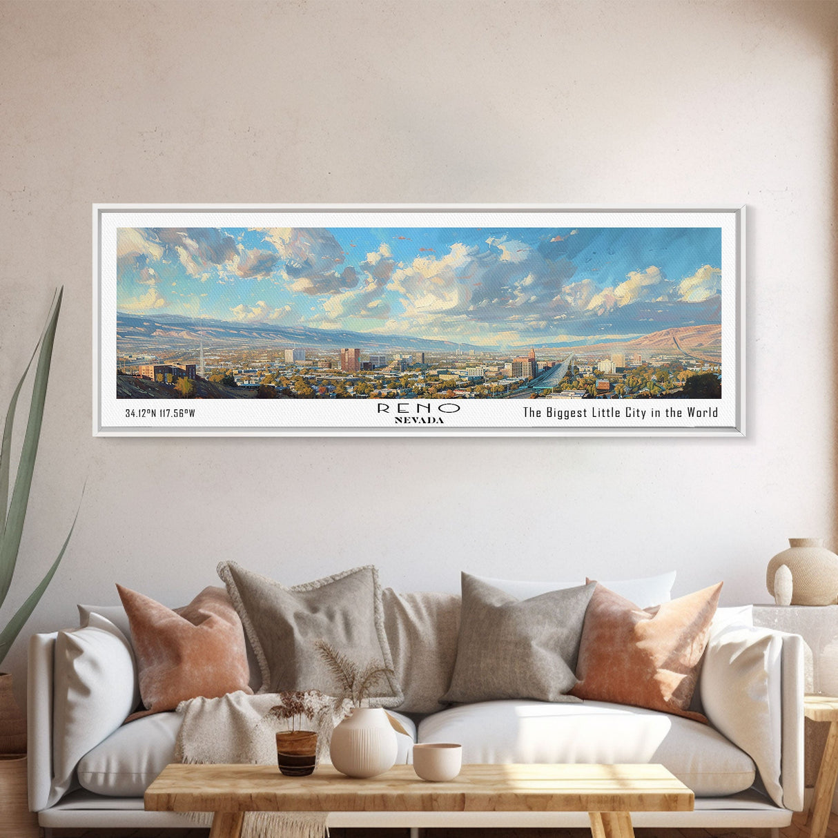 Reno Nevada Panoramic Print, Trendy Framed Canvas Print, City Travel Poster, Home Wall Art, Living Room Decoration, Unique Gift