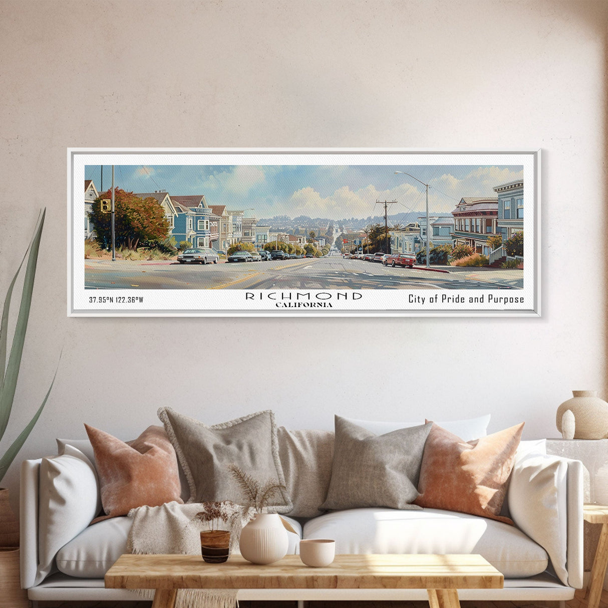 Richmond California Panoramic Print, Trendy Framed Canvas Print, Travel Poster Art, Home Decor, Wall Art, Gift Idea