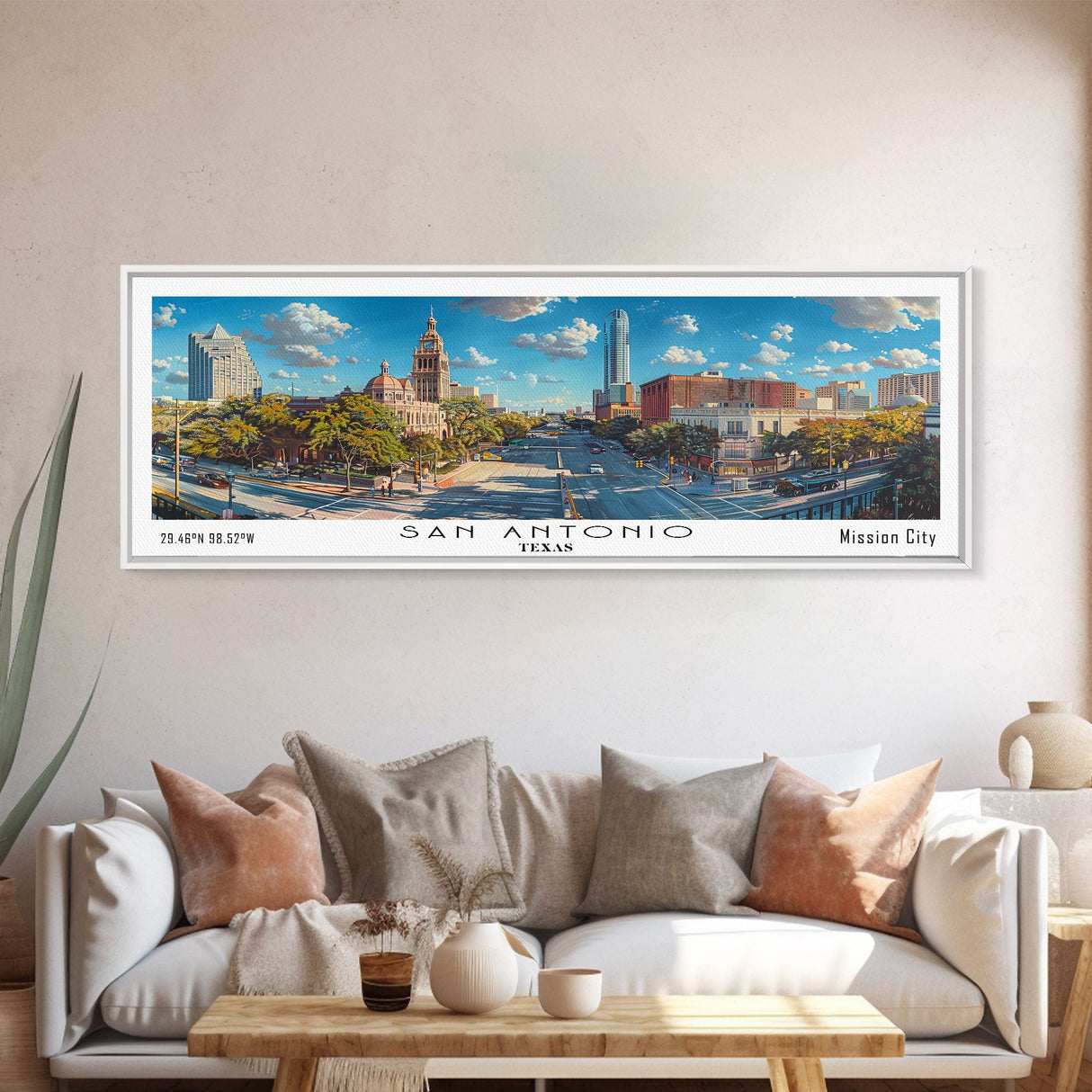 San Antonio Texas Panoramic Print, Trendy Framed Canvas Print, Travel Poster Art, Living Room Decor, Home Wall Art