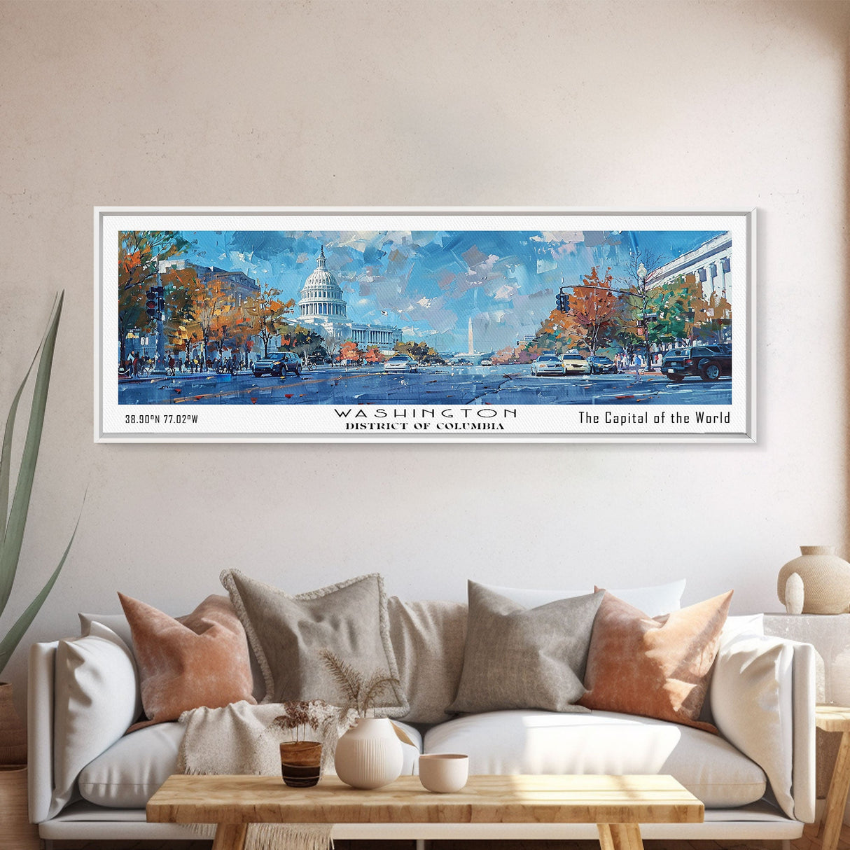 Washington DC Panoramic Framed Canvas Print, Retro Style Travel Poster, Artistic Wall Art, Unique Office Decor, Living Room Gift, Original Artwork