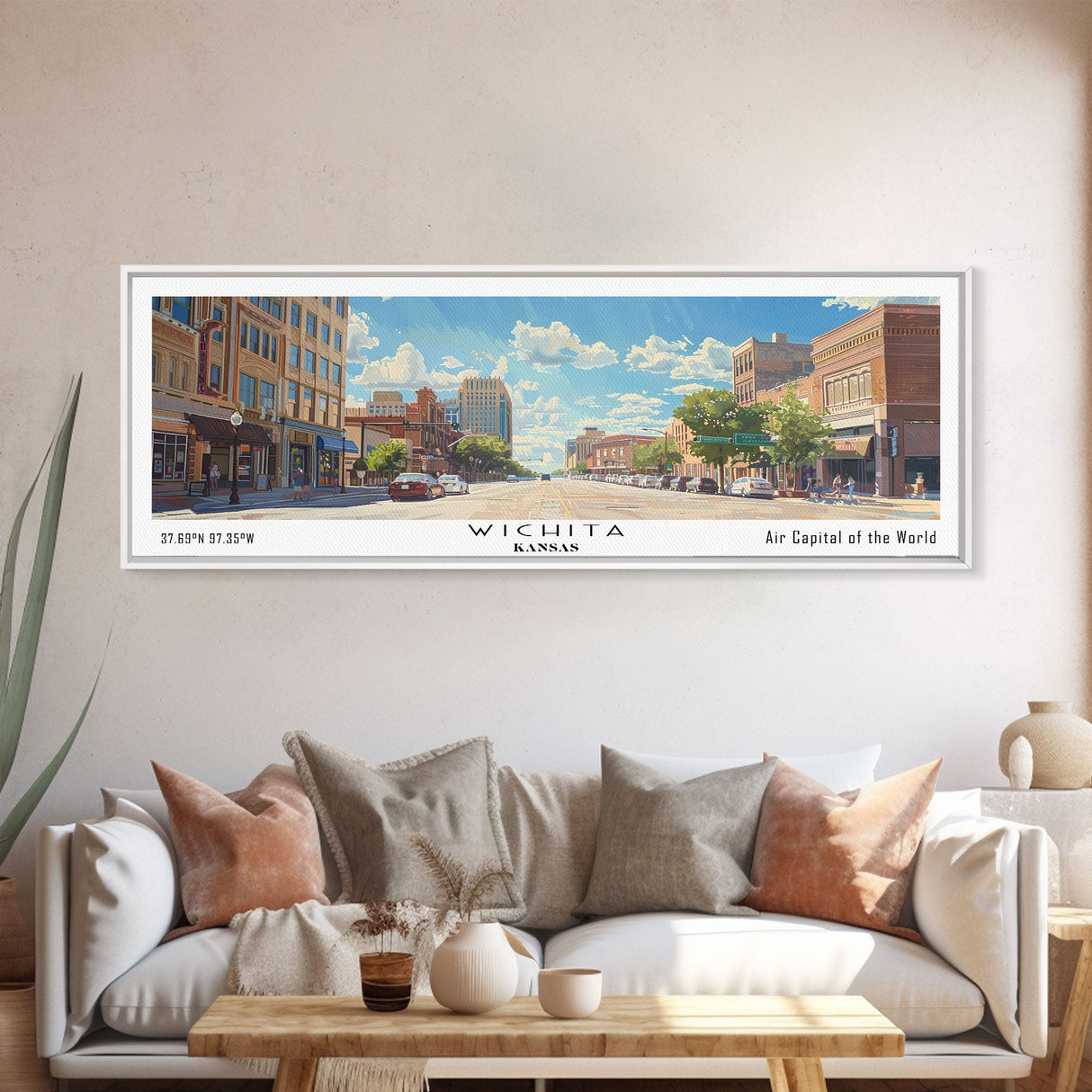 Wichita Kansas Panoramic Framed Canvas Print, Retro Travel Poster, Artistic Wall Art, Unique Living Room Decor, Office Gift, Original Artwork