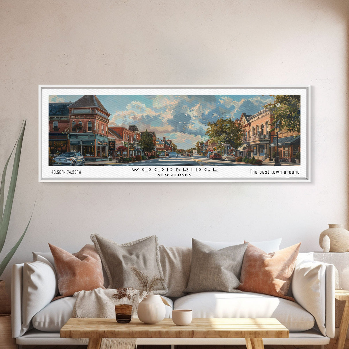 Woodbridge New Jersey Panoramic Framed Canvas Print, Artistic Travel Poster, Retro Wall Art, Unique Office Decor, Living Room Gift, Original Artwork