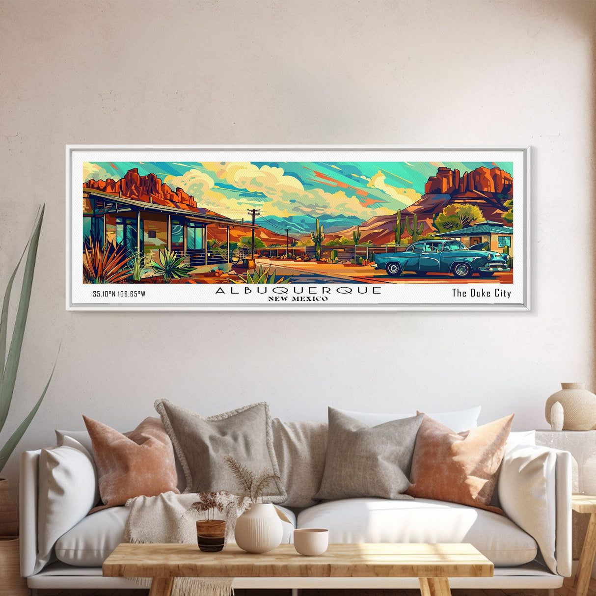 Albuquerque New Mexico Panoramic Painting Framed Canvas Print, Mid Century Modern Art, Pop Art Style, Travel Poster, Wall Art Decor