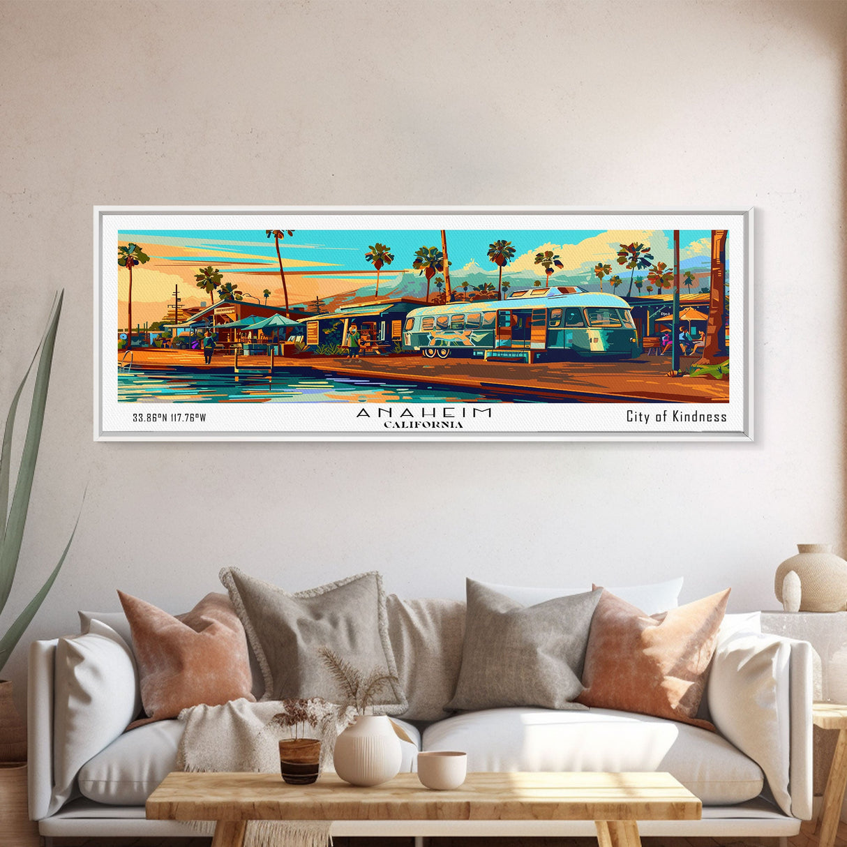 Anaheim California Panoramic Wall Art Framed Canvas Print, Mid Century Modern Art, Pop Art Style, Travel Poster, Home Decor, Retro Style