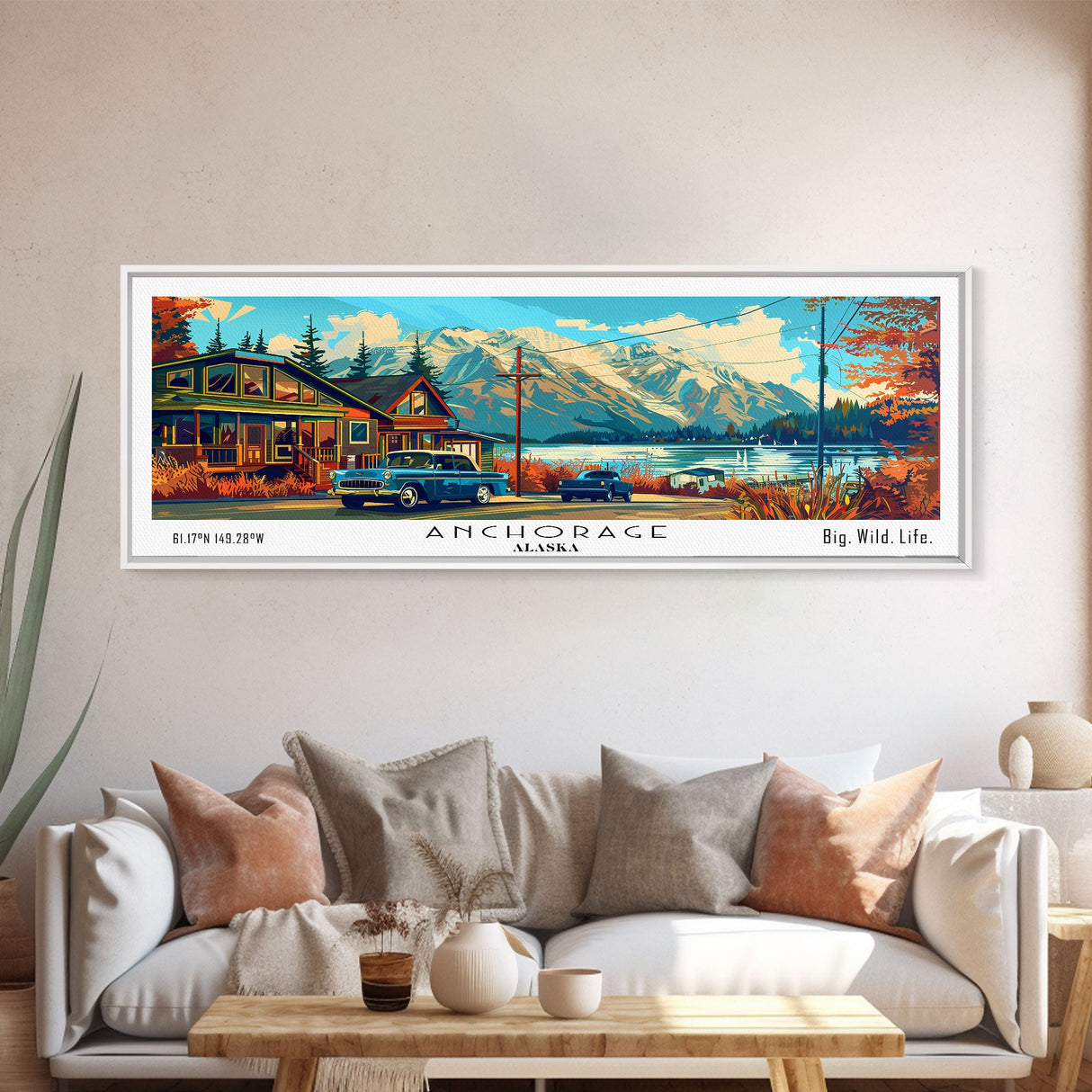 Anchorage Alaska Panoramic Travel Poster Framed Canvas Print, Mid Century Modern Art, Pop Art Style, Wall Art Decor, Home Decoration