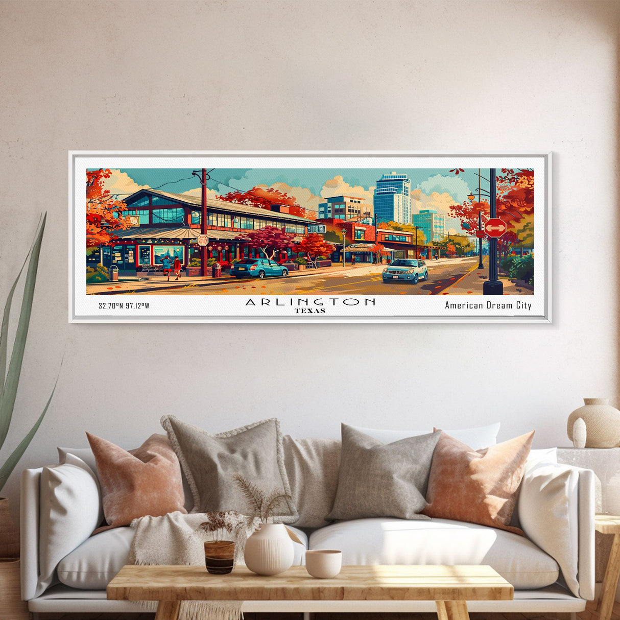 Arlington Texas Panoramic Painting Framed Canvas Print, Mid Century Modern Art, Pop Art Style, Travel Poster, Living Room Decor