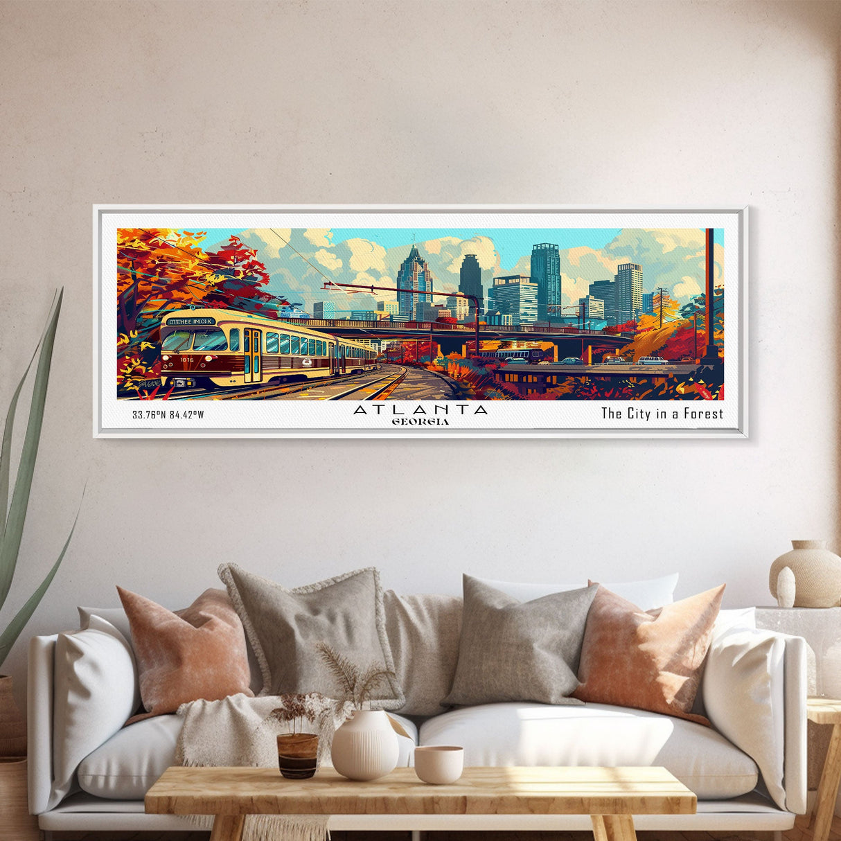 Atlanta Georgia Panoramic Wall Art Framed Canvas Print, Mid Century Modern Art, Pop Art Style, Travel Poster, Home Decor, Wall Hanging