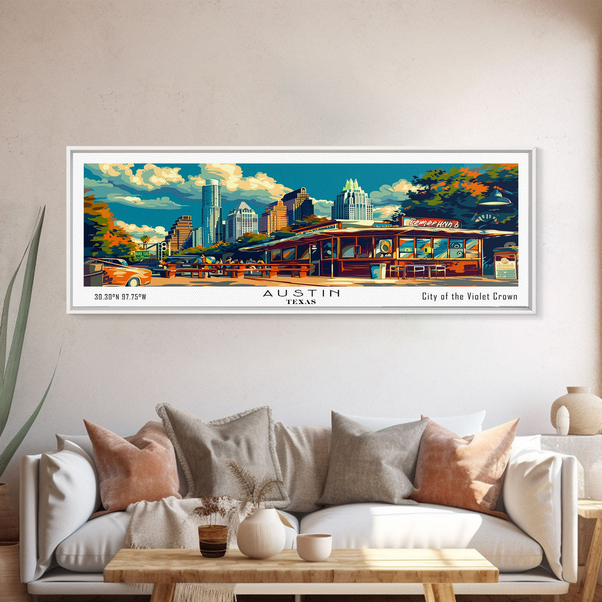 Austin Texas Panoramic Travel Poster Framed Canvas Print, Mid Century Modern Art, Pop Art Style, Wall Art Decor, Home Decoration