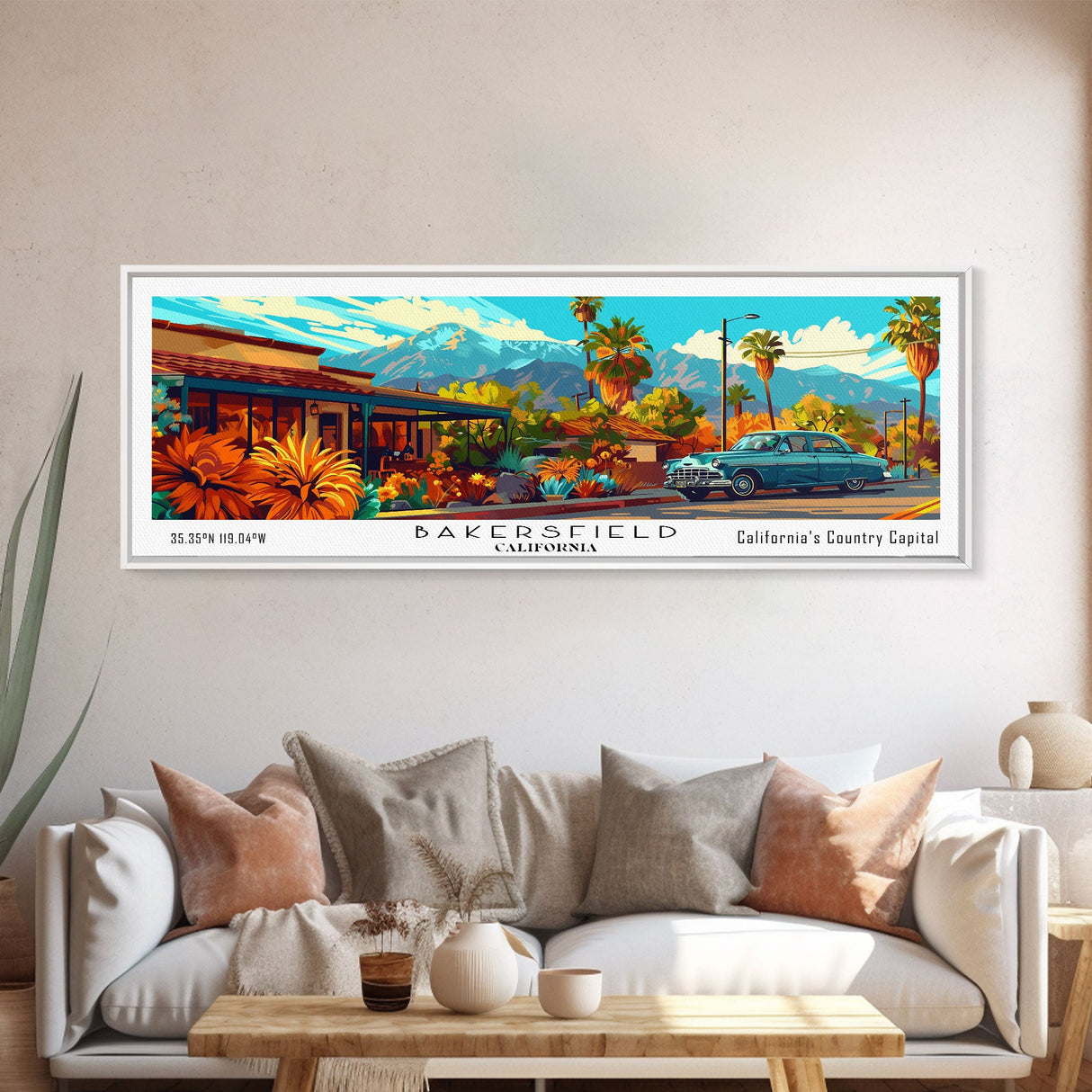 Bakersfield California Panoramic Painting Framed Canvas Print, Mid Century Modern Art, Pop Art Style, Travel Poster, Living Room Decor