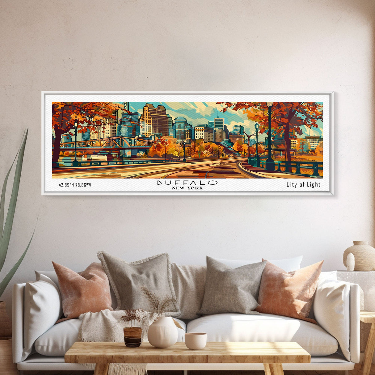 Buffalo New York Panoramic Painting Framed Canvas Print, Mid Century Modern Art, Pop Art Style, Travel Poster, Living Room Decor